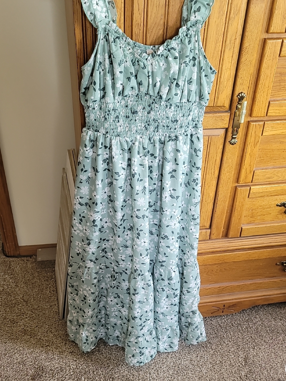 Indigo Mint Green Floral Smocked Sundress - Juniot Size L / Maxi Dress